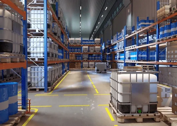 Almacén con tambores y contenedores de productos químicos